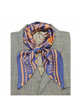 ✨Luxurious Navy and Orange Silk Scarf with Classical Floral and Botanical Print